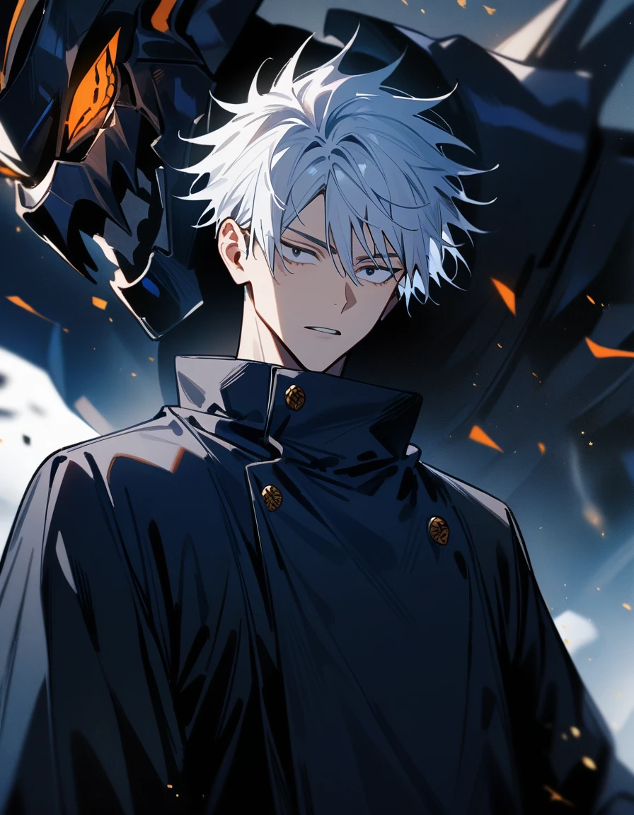 (1boy,jujutsu kaisen) solo, robot, white hair, (layered cut), black bright eyes, masterpiece, best quality, high quality, upper body, male focus,