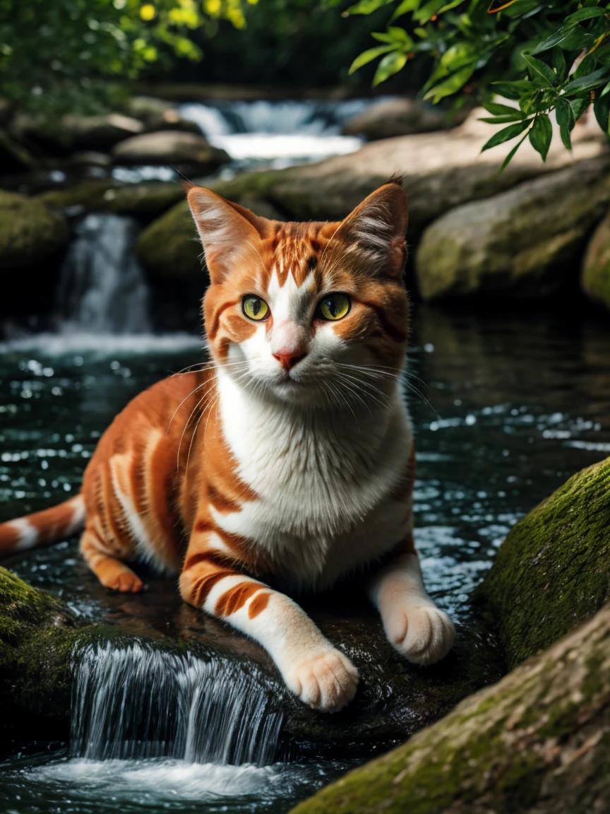 detailed realistic calico cat,golden eyes,sitting under a large tree,near a river with flowing water,many koi fish in the river,masterpiece,8k,best quality,ultra detailed,photorealistic,physically-based rendering,vivid colors,studio lighting