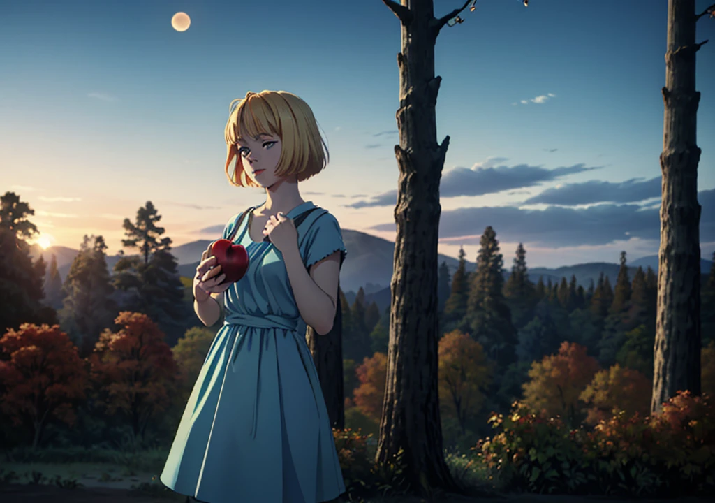 a girl with short blonde hair, in a light blue dress, holding an apple, looking at the sky while an eclipse occurs, in a forest, autumn, 2D, dark environment, dry leaves