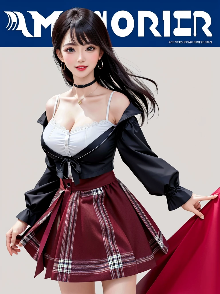 masterpiece, Highest quality, whole body, One girl, bangs, black choker, black tie, Black Hair, blue skirt, blush, bracelet, chest, choker, clothes The surrounding area waist, clavicle, collared shirt, Cowboy Shot, dress shirt, ear Earrings, Eyebrows visible through hair, Gradient Hair, Grin, Improve, jewelry, Kogal, Long Hair, View your viewers, loose tie, tie, Earrings, Plaid, Plaid skirt, pleated skirt, Red eyes, ring, , shirt, skirt, smile, alone, white shirt, street, null, cherry blossoms, petal,figure, (magazine:1.3), (cover-style:1.3), fashionable, woman, Vibrant, Costume, Pause, front, colorful, dynamic, background, element, have confidence, Performance, Holding, statement, accessories, Majestic, Coiled, The surrounding area, touch, scene, article, cover, bold, to attract attention, title, stylish, font, Catchy, Heading, big, impressive, Modern, trend, concentrated, fashion,