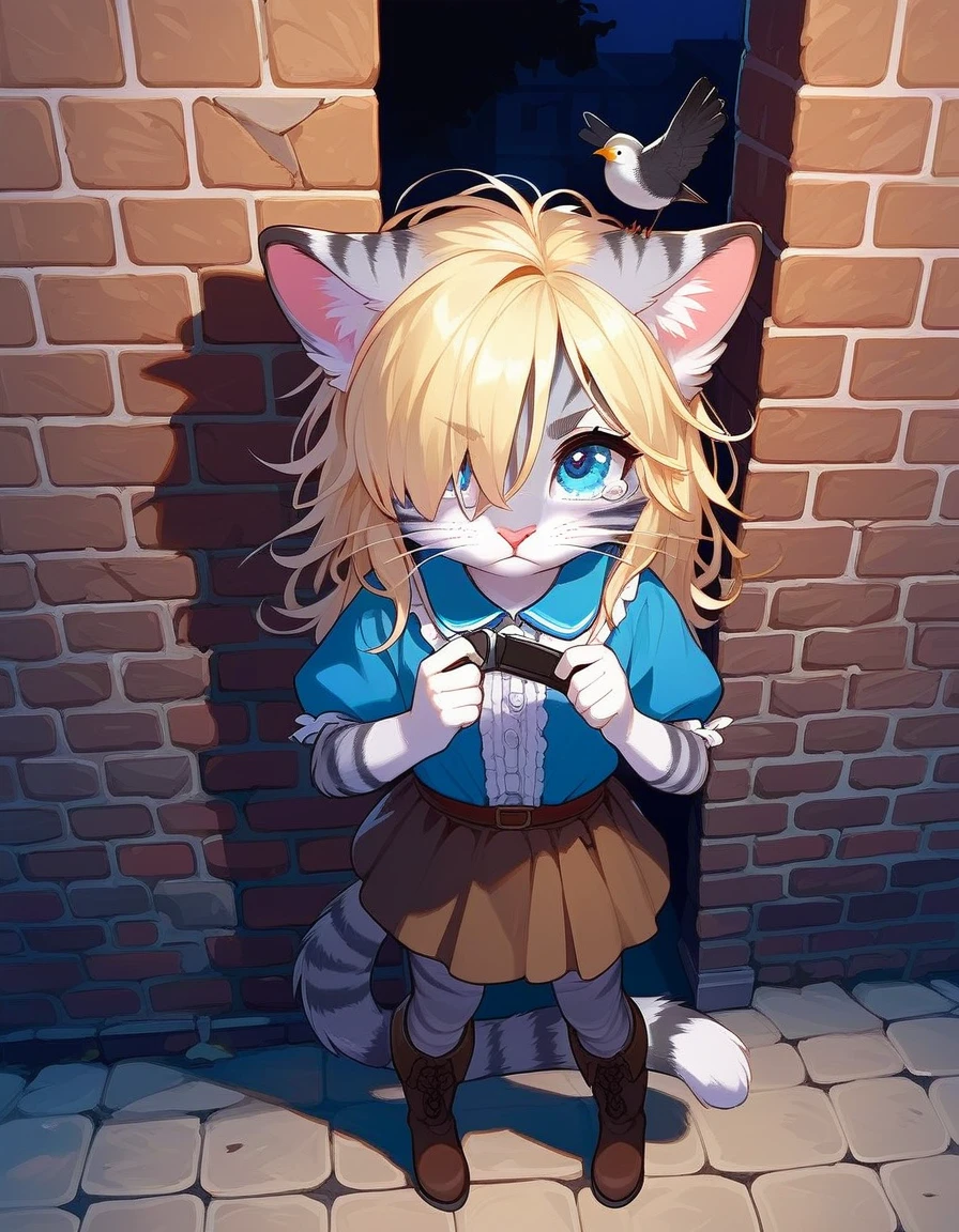 Solo, score_9,score_8_up,score_7_up, source_cartoon, kat, Anthro furry feline, female, short slender body, long blonde hair, long messy hair, hair covering one eye, pink nose, blue eyes, white whiskers, silver fur, grey stripes, furry body, short, young, about , wearing ruffled blue blouse, brown skirt, standing, furrowed eyebrows, tearing up, pov, looking up, in a destroyed village, night time, full body shot, brown boots, holding a single knife with both hands, back pressed against a broken brick wall, Birds Eye view,