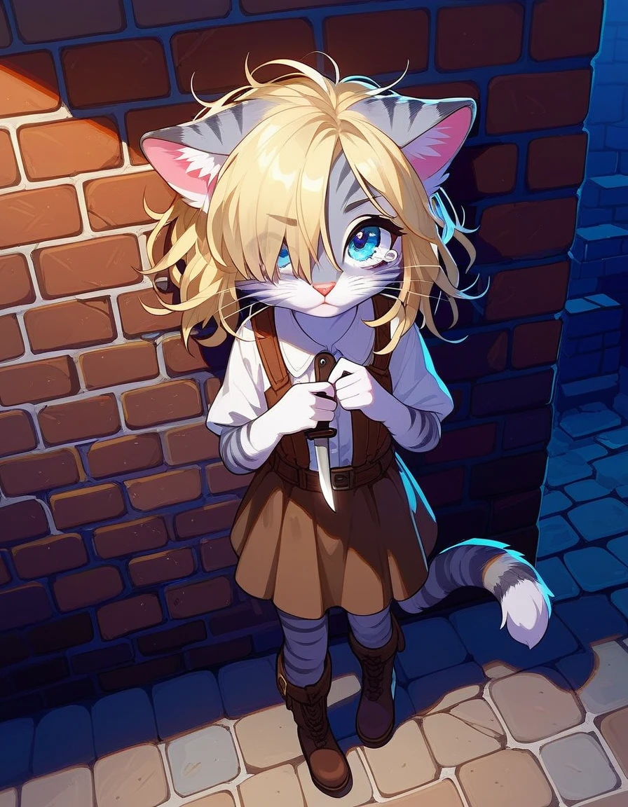 Solo, score_9,score_8_up,score_7_up, source_cartoon, kat, Anthro furry feline, female, short slender body, long blonde hair, long messy hair, hair covering one eye, pink nose, blue eyes, white whiskers, silver fur, grey stripes, furry body, short, young, about 8 , wearing ruffled blue blouse, brown skirt, standing, furrowed eyebrows, tearing up, pov, looking up, in a destroyed village, night time, full body shot, brown boots, holding a single knife with both hands, back pressed against a broken brick wall, Birds Eye view,