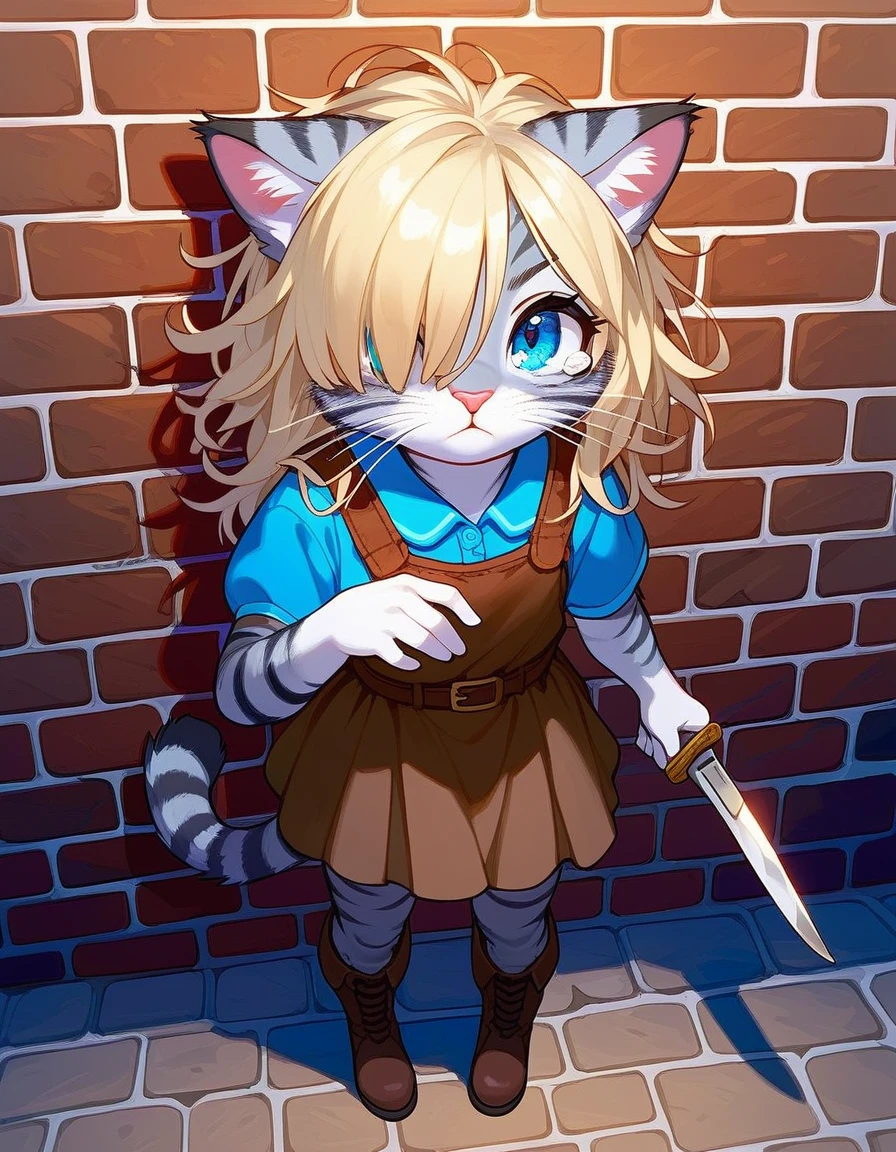 Solo, score_9,score_8_up,score_7_up, source_cartoon, kat, Anthro furry feline, female, short slender body, long blonde hair, long messy hair, hair covering one eye, pink nose, blue eyes, white whiskers, silver fur, grey stripes, furry body, short, young, about 8 years old, wearing ruffled blue blouse, brown skirt, standing, furrowed eyebrows, tearing up, pov, looking up, in a destroyed village, night time, full body shot, brown boots, holding a single knife with both hands, back pressed against a broken brick wall, Birds Eye view,