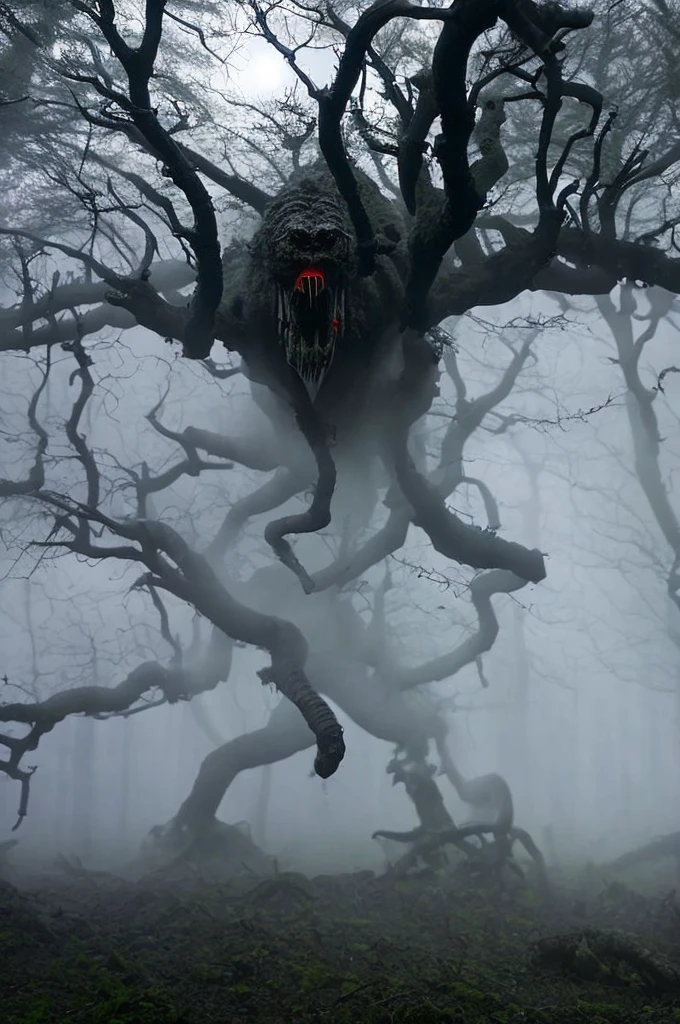 Create a terrifying monster in a dark, foggy forest at night. It has sharp fangs, glowing red eyes, long claws, and slimy, scaly skin. Its twisted limbs give it an eerie, menacing stance. Dim moonlight casts eerie shadows, enhancing the sense of dread and danger it emanates.