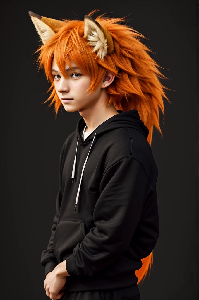 A 21 year old fox boy with short orange hair, fluffy fox tail and ears, a triangle on each of the cheeks. Wear a black sweatshirt and dark pants, His eyes are orange. It is drawn in anime style.