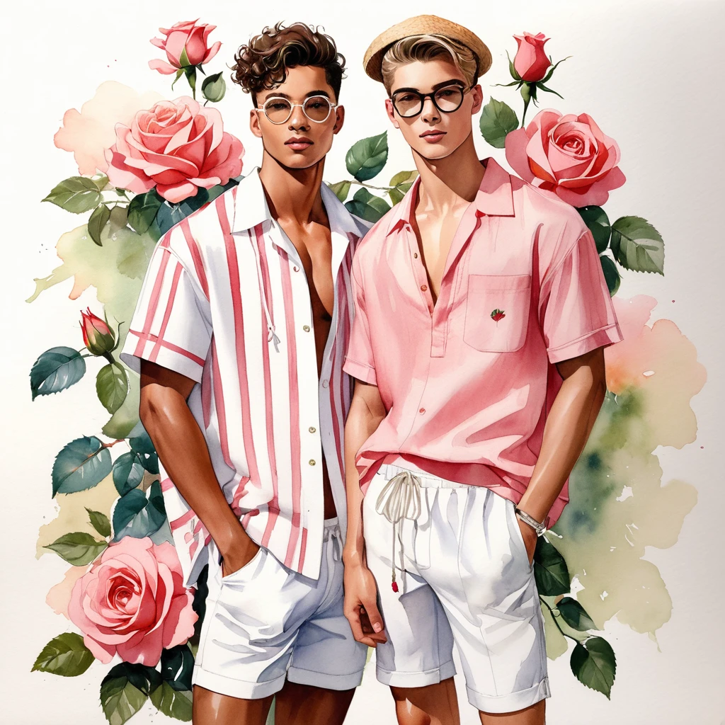 candid fashion illustration of young Mixed race 2man, both aged 18-23 year old, ((showcase fashion look book in linen outfits)), the design inspired by Boscobel Rose by David Austin Rose, in elegant chic style. The man wears an oversized short-sleeved shirt with a minimal rose embroidery details, paired with relaxed-fit white Short with Drawstring, He completes his look with white sneakers and round glasses. The boyfriend complements him in a  skinny fitted speedo in a stripe pattern, semi bulge, He resemble includes an accessorizes with a brimmed straw hat and white sneakers, Captured in a low angle, ((full-body image)), ((roses motifs background)), fashion sketching, realistic drawing, ((imperfect water color drawing background)), fashion look book, fashion illustrator, fashion sketch design, gay, gay couple, Boscobel Rose, Coral-pink.