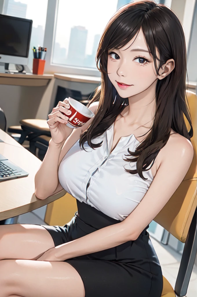1lady sitting, holding a coffee cup, office worker outfit, /(id card lanyard/), mature female, /(black hair/) bangs, (masterpiece best quality:1.2) delicate illustration ultra-detailed, large breasts BREAK /(modern office indoors/), window skyscraper