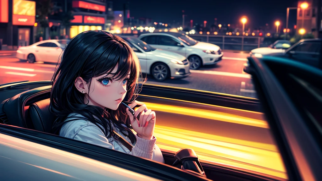 Adult woman driving a car in the city at night, Lofi art style, A glamorous atmosphere, aesthetic, 8K, Cool vibe, Driving around town Focus on the driver,A side view of the driver,Bright colors,