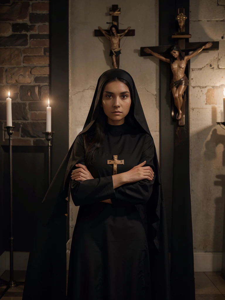 8k, RAW photo, best quality, ultra high resolution, (photorealistic), realistic photo of skinny brunette girl nun, (skinny brunette girl nun, 20 years old, slim face, tanned skin, black hair, straight hair), in the church, candles, crucifix, blood red walls, (full body picture), (photo from the side), standing posing for picture, sexy pray pose, (praying), (arms crossed as for the prayer), (wearing black nun costume, crucifix), ((looking at viewer)), dangerous look, menace, (extremely detailed CG unity 8k wallpaper), Sharp focus, (bright light)