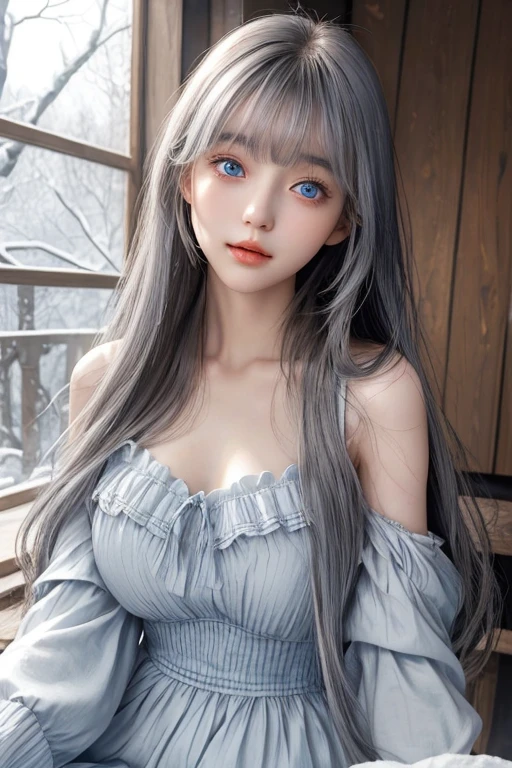 Bright expression、photography realism、best quality、Ultra-high resolution、picture、Very beautiful Nordic girl photos、Lovely and beautiful facial details、Beautiful Bangs、Alice in Wonderland、20 years old、Fair and shiny skin、露出脸部的Bangs、Bangs 、Hair between the eyes、Extra long hair、Charming Bright Natural Silver Extra Long Straight Fine Hair、Make hair smoother、Bright light blue big eyes are bright, beautiful and charming、open chest、Winter clothes、Eyeliner、Double eyelids、Large breasts