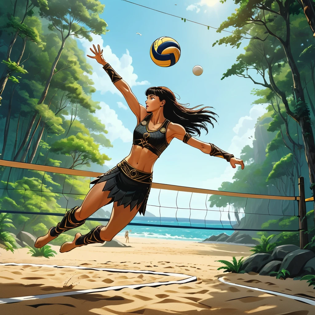 Xena Warrior princess, sports action shot, cinematic, spiking volleyball, sense of movement and energy leaping moment, zen garden volleyball arena surrounded by dense forest, beach coastline background