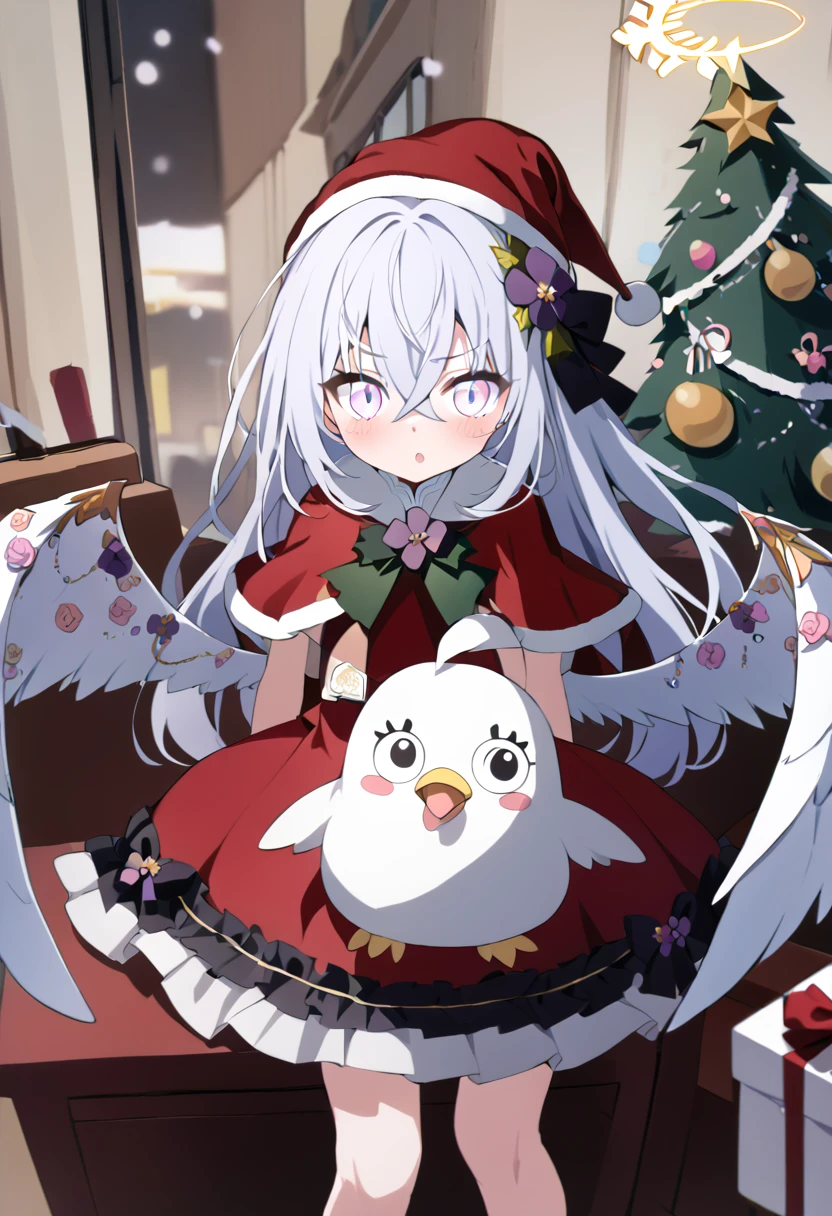 azusa \(blue archive\), peroro_(blue_archive) absurdres commentary highres 1girl alternate_costume angel_wings blush box capelet christmas christmas_tree dress gift gift_box grey_hair hair_between_eyes hat long_hair looking_at_viewer open_mouth pink_eyes pom_pom_(clothes) red_capelet red_dress red_hat santa_hat solo stuffed_toy white_wings wings