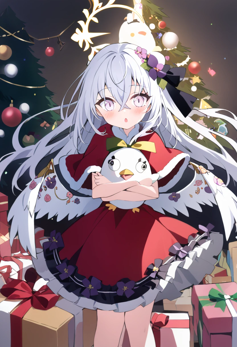 azusa \(blue archive\), peroro_(blue_archive) absurdres commentary highres 1girl alternate_costume angel_wings blush box capelet christmas christmas_tree dress gift gift_box grey_hair hair_between_eyes hat long_hair looking_at_viewer open_mouth pink_eyes pom_pom_(clothes) red_capelet red_dress red_hat santa_hat solo stuffed_toy white_wings wings