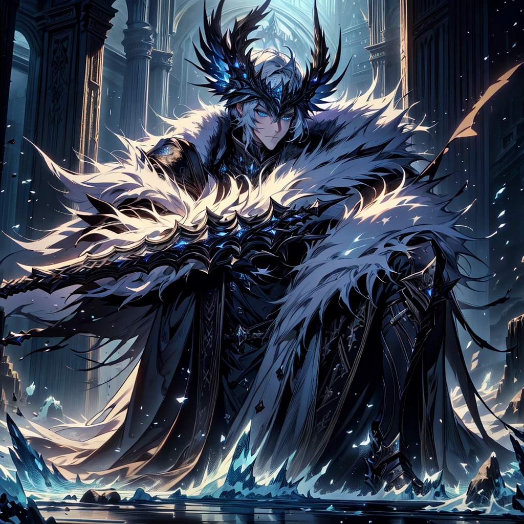 (Very detailed), (Masterpiece), (best quality), (wallpaper 8k Very detailed), Masterpiece,Very detailed,ice throne, Fantasy, Realistic photos, hyperrealism, Highly detailed, movie light, man wearing black armor,long black fur shawl((fur black)) ,Face details, sharp details, black short hair, blue eyes,have muscles, handsome face,
,a man in black armor sitting on an white ice throne, detailed face and muscles, long black fur shawl((fur black)) , sharp details, fantasy, realistic, hyperrealism, movie lighting, 8k, best quality, masterpiece