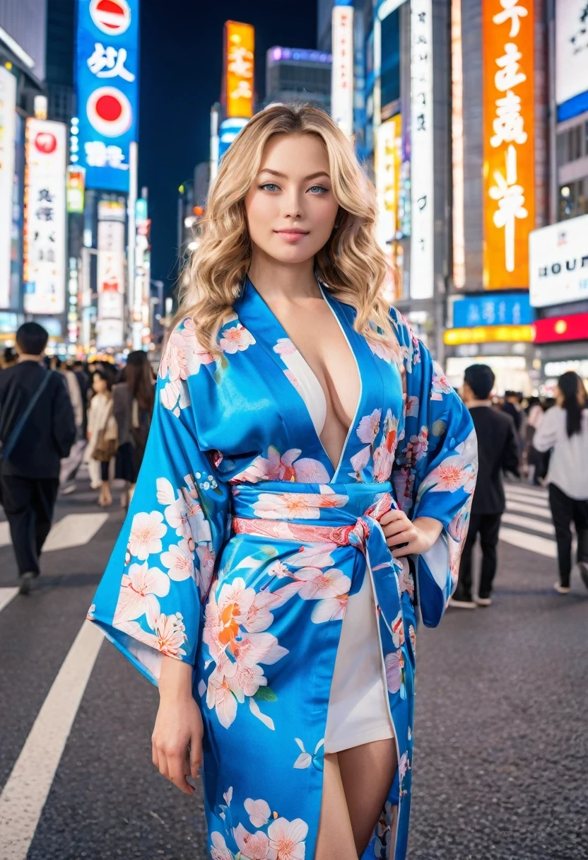 Create a realistic image of Mila Thorne, a 27-year-old woman with long, wavy blonde hair, striking blue eyes, and sun-kissed skin. She has an athletic hourglass figure with generous curves. Mila is wearing a tight, elegant full-body kimono that highlights her figure. She is standing at the bustling Shibuya Crossing in Japan, surrounded by its iconic neon lights and large crowds. The background should capture the essence of Shibuya Crossing, with busy streets, illuminated billboards, and an energetic atmosphere. Mila's pose should be graceful, with her full kimono in view, and her expression peaceful and content, taking in the vibrant surroundings. The face with more details like Mila Thorne