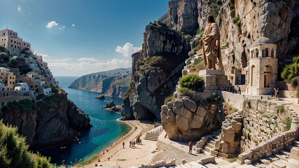 generates a panoramic and cinematic image, of the apostle Paul going to Greece,