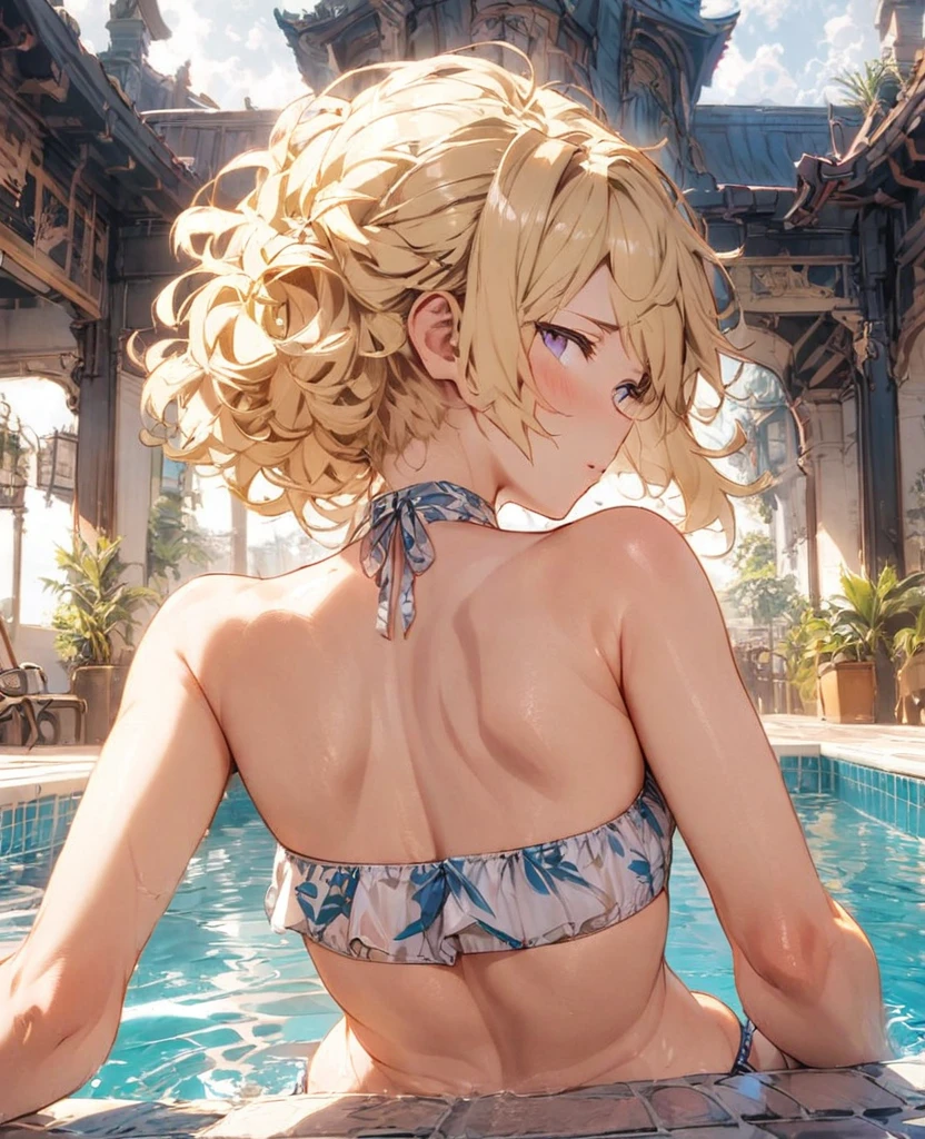 boyish Berry Short Slanted Eyes Blonde Swimwear Pool On all fours Back view