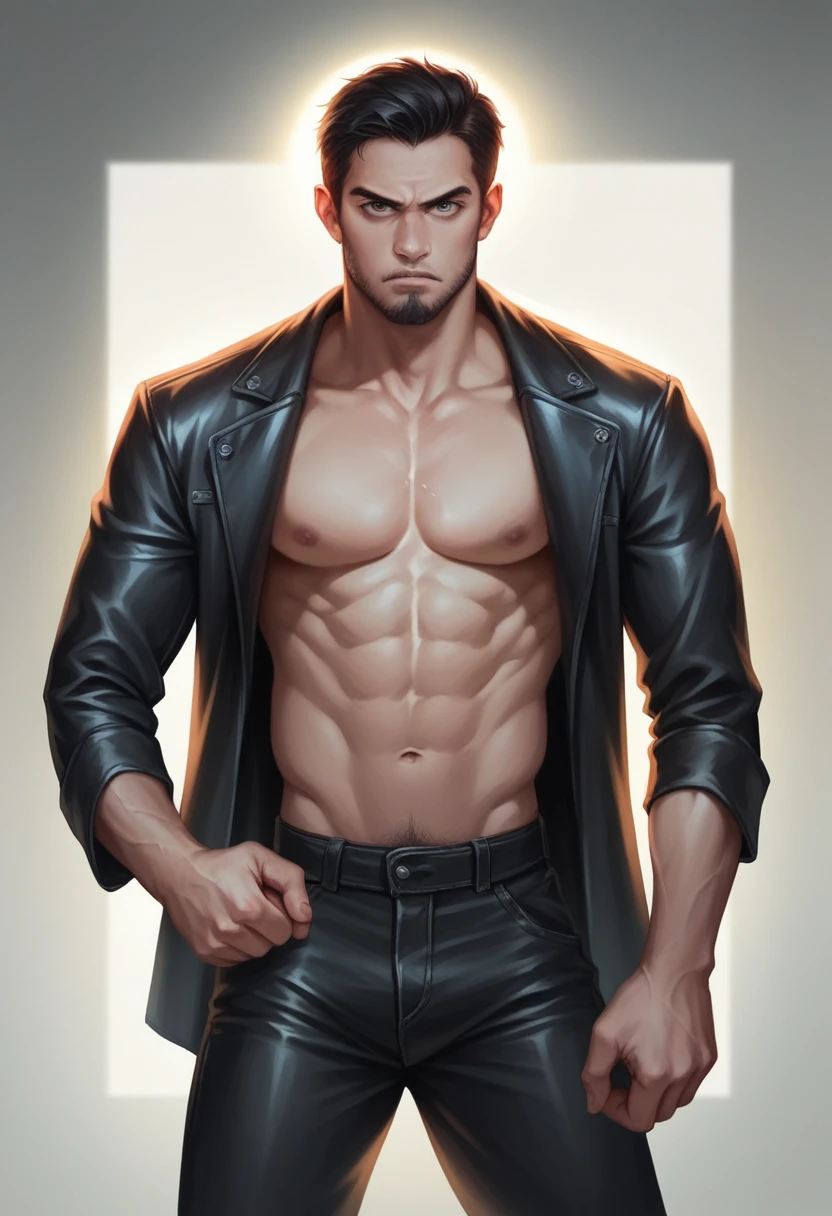 a young white man with long black hair and a beard, looking serious at the viewer, leather jacket, hyper realistic, extremely detailed face, high definition, 8k, photorealistic, chiaroscuro lighting, dramatic lighting, cinematic, dramatic pose, intense expression, muscular build, sharp focus, intricate details, oil painting, vivid colors, warm tones
