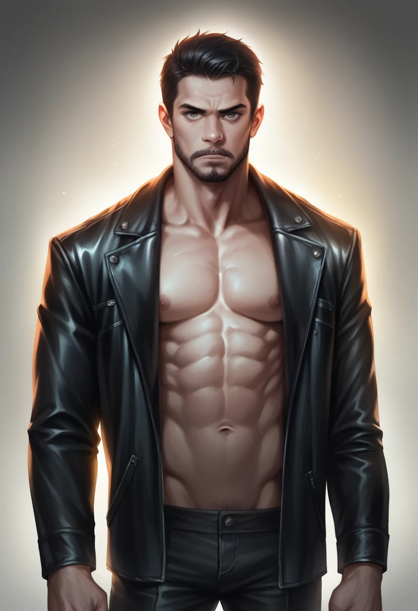 a young white man with long black hair and a beard, looking serious at the viewer, leather jacket, hyper realistic, extremely detailed face, high definition, 8k, photorealistic, chiaroscuro lighting, dramatic lighting, cinematic, dramatic pose, intense expression, muscular build, sharp focus, intricate details, oil painting, vivid colors, warm tones