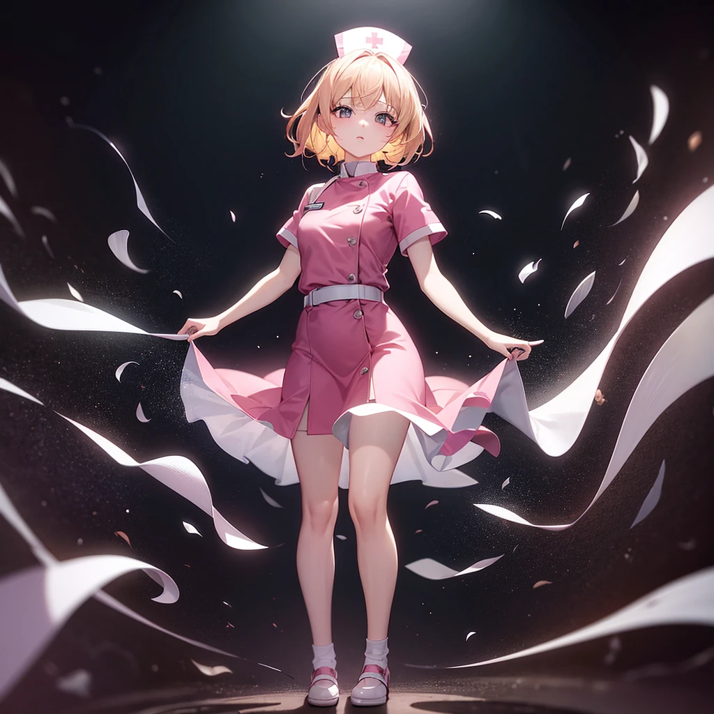 ((nurse)),Pink clothes,Cute ,Tiny ,Small ,Childish face, Very fine clean face,Top quality,Straight Hair,Yellow hair,(Dark Room), Subtle light, Natural light,Soft lighting,Light from directly behind,(Open your hands), (Are standing),Front view,Black background