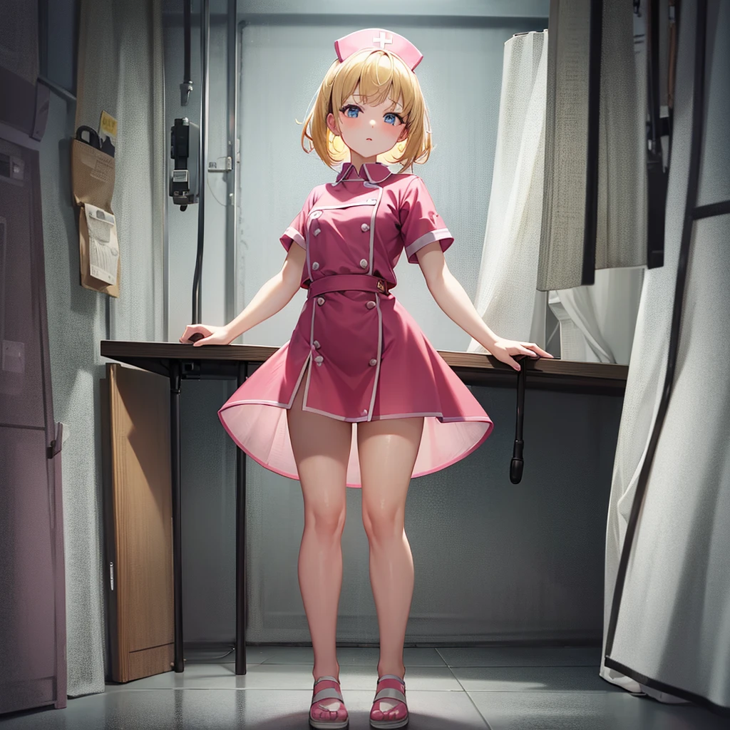 ((nurse)),Pink clothes,Cute ,Tiny ,Small ,Childish face, Very fine clean face,Top quality,Straight Hair,Yellow hair,(Dark Room), Subtle light, Natural light,Soft lighting,Light from directly behind,(Open your hands), (Are standing),Front view,Black background