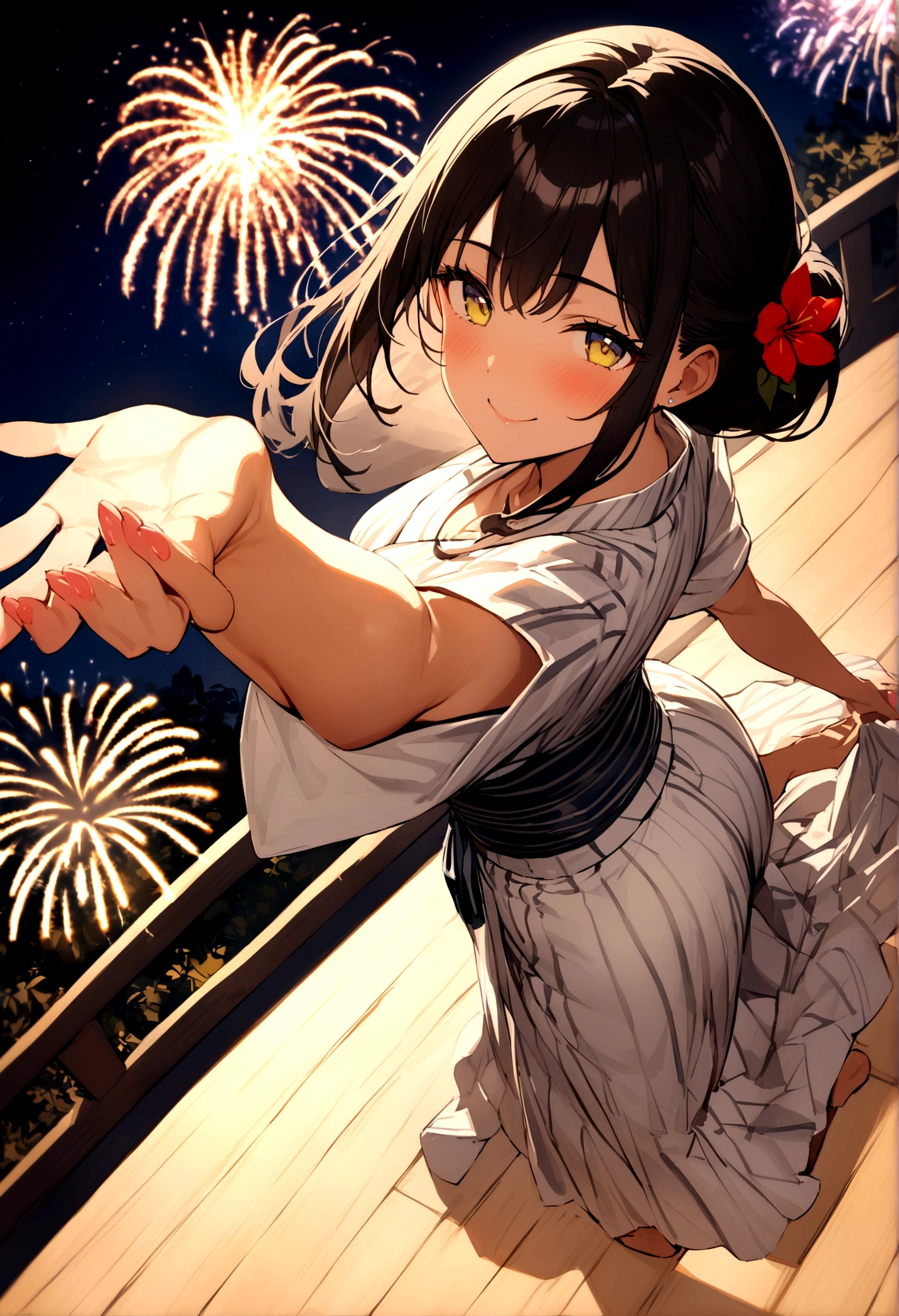 masterpiece, best quality, Tanned skin, Flowering, firework, firefly,reed bush, Smile, Dance, Night Sky, from above,Black hair,Girl,Summer Kimono