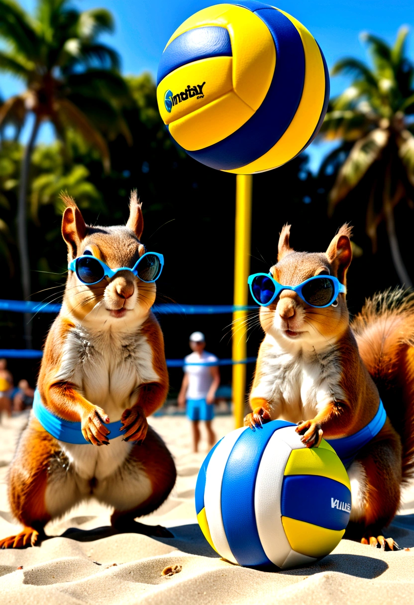 two couple female squirrels in bikini, beach volley ball games, sunny light, breeze, blue sunglasses, iconic volley stances, hyper realistic, digitally manipulated photography, UHD, unrealism, super detailed.