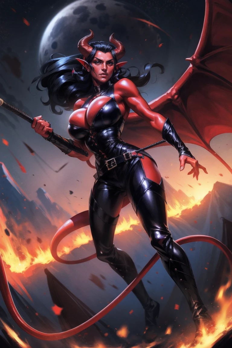 Red skin succubus tiefling, medium breasts, black horns, wings, huge tail, black leather, tall, toned, graceful, thin, long black ponytail. Action scene, whip. Dark scene, explosions, night sky.