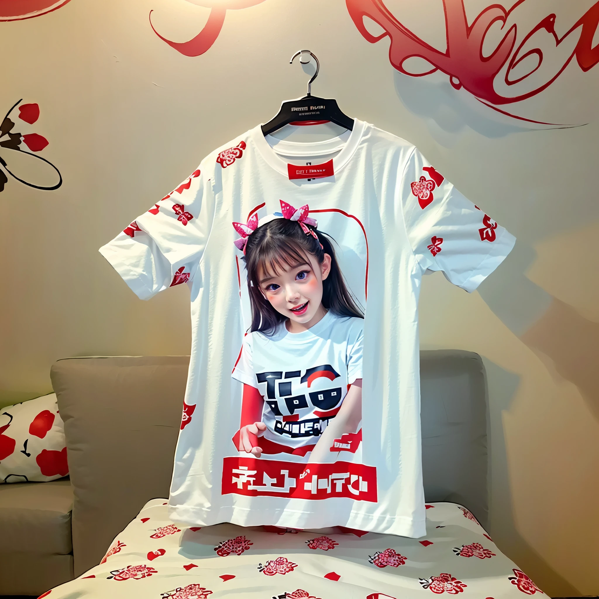 White and Bright Red, (Masterpiece 8K TopQuality:1.2) (ProfessionalPhoto:1.37) ExtremelyDetailed (((a T-shirt) with PUNIPUNI KAWAII girl Printed on it) with "SUPER BITCH" Logo ) 