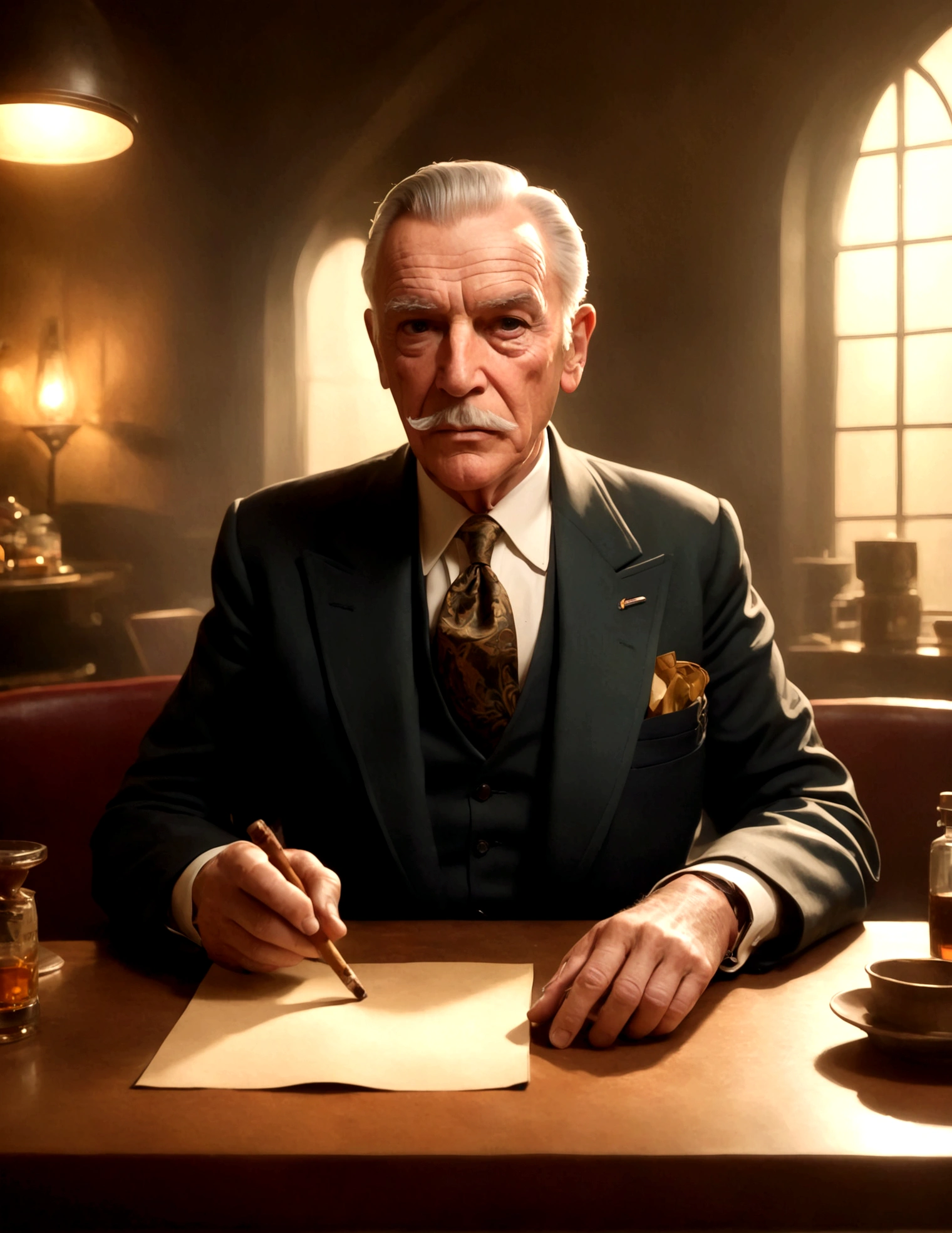 A wizened old British gentleman (cartoon character Colonel Braghard, dressed in a smoking suit), detailed portrait, sitting at a table in a smokers lounge, 1920s dressed upscale waitress, sophisticated interior, ( best quality, 4k, 8k, highres, masterpiece:1.2), ultra-detailed, (realistic, photorealistic, photo-realistic:1.37), oil painting, dramatic lighting, chiaroscuro, rich colors, cigar smoke, oak furniture, elegant decor