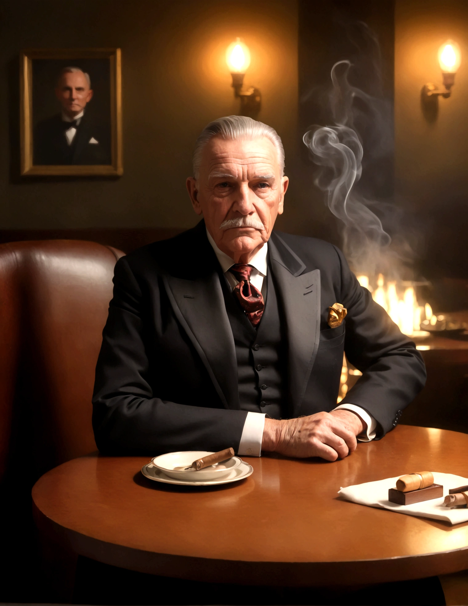 A wizened old British gentleman (cartoon character Colonel Braghard, dressed in a smoking suit), detailed portrait, sitting at a table in a smokers lounge, 1920s dressed upscale waitress, sophisticated interior, ( best quality, 4k, 8k, highres, masterpiece:1.2), ultra-detailed, (realistic, photorealistic, photo-realistic:1.37), oil painting, dramatic lighting, chiaroscuro, rich colors, cigar smoke, oak furniture, elegant decor