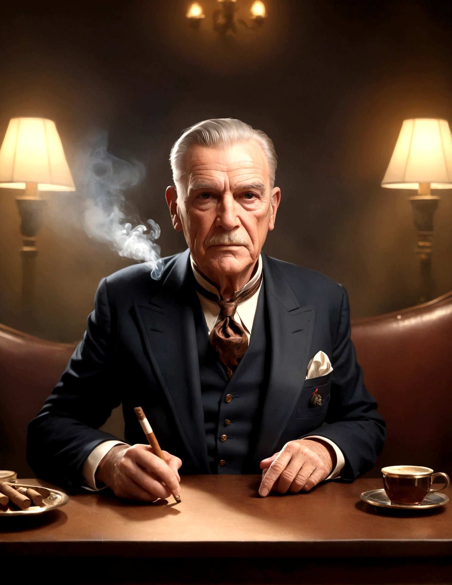 A wizened old British gentleman (cartoon character Colonel Braghard, dressed in a smoking suit), detailed portrait, sitting at a table in a smokers lounge, 1920s dressed upscale waitress, sophisticated interior, ( best quality, 4k, 8k, highres, masterpiece:1.2), ultra-detailed, (realistic, photorealistic, photo-realistic:1.37), oil painting, dramatic lighting, chiaroscuro, rich colors, cigar smoke, oak furniture, elegant decor
