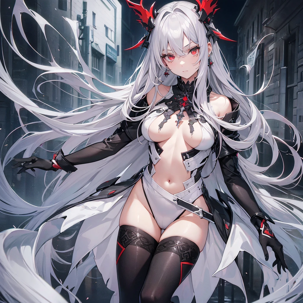(best quality,ultra-detailed,highres:1.2),ung girl,edgy young top model, gray metallic hair, heterochromia irises of eyes, (left eye;red eyes), (right eye;gray eyes), she is edgy top model posing, dark aura(aura:1.1),(mysterious,haunting:1.1) atmosphere,looks like a top model posing for cover of magazine, earring,(dark,royal elegant:1.1) nsfw, medium breast, ideal breast, slim ideal body of top model