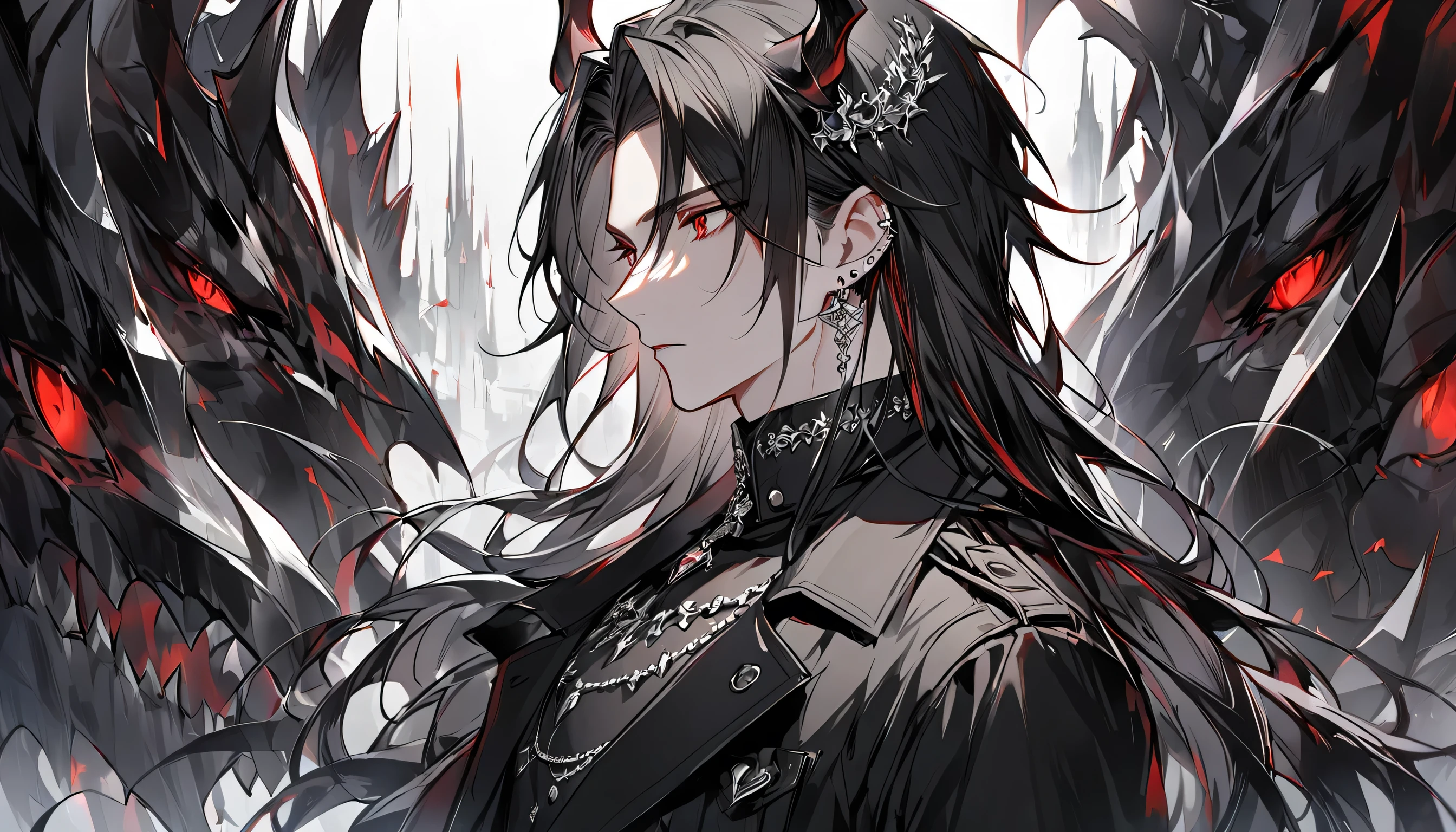 alone, good looking, 1 male, Long hair, Middle parted hair, Black hair, Red eyes, Black shirt, White Thailand, Black Trench Coat, Royal Silver Jewellery, Royal Demon Earrings, Black horns, Side profile