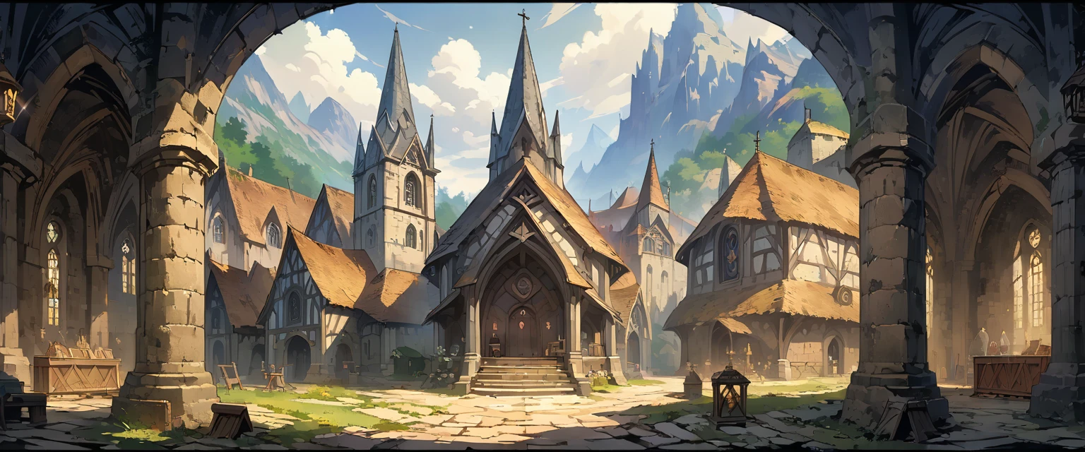 church(European medieval churches)，White Wall，Sacred and solemn environment。Overlooking the composition，Panorama pictures，Scene screen，Game concept art style，Anime illustration style，HD，4K。