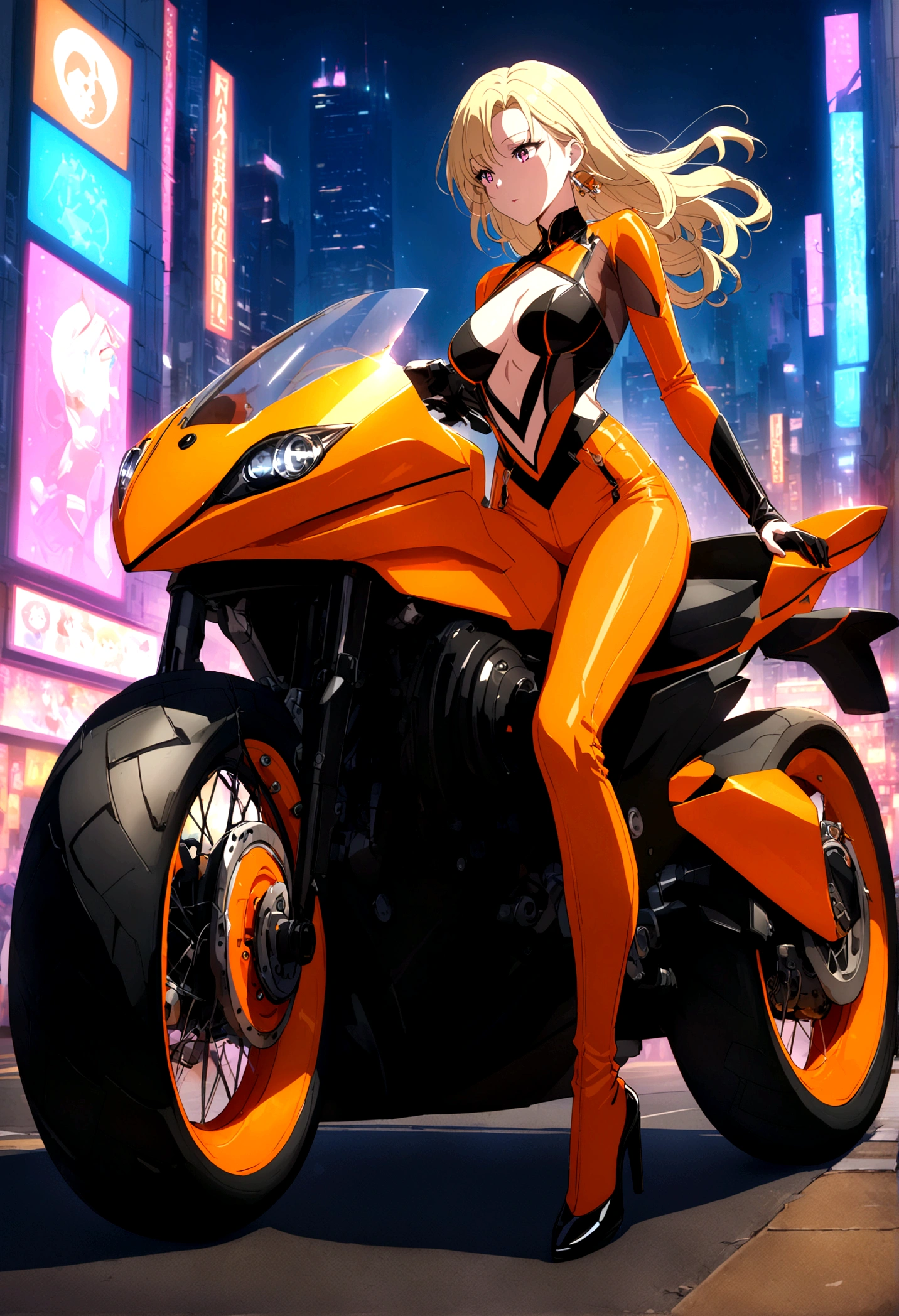 A captivating image of a stunning woman with long, blonde hair, nice ass, riding a sleek, futuristic orange motorcycle. She is dressed in a cutting-edge outfit that complements the motorcycle's design, featuring a bold color palette and advanced technologies. In the background cityscape is illuminated by neon lights, creating a sense of exhilaration and adventure. The overall atmosphere exudes both charm and allure, as the woman effortlessly commands attention. In the sky Full moon can be seen and moonlight enhances her beauty., anime, cinematic, fashion