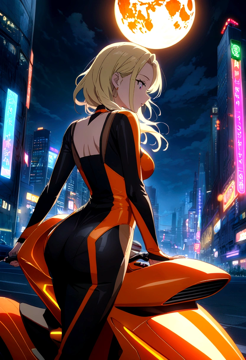 A captivating image of a stunning woman with long, blonde hair, nice ass, riding a sleek, futuristic orange motorcycle. She is dressed in a cutting-edge outfit that complements the motorcycle's design, featuring a bold color palette and advanced technologies. In the background cityscape is illuminated by neon lights, creating a sense of exhilaration and adventure. The overall atmosphere exudes both charm and allure, as the woman effortlessly commands attention. In the sky Full moon can be seen and moonlight enhances her beauty., anime, cinematic, fashion