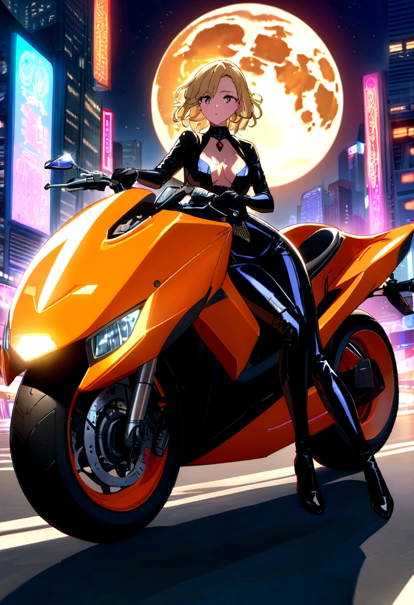 A captivating image of a stunning woman with long, blonde hair, nice ass, riding a sleek, futuristic orange motorcycle. She is dressed in a cutting-edge outfit that complements the motorcycle's design, featuring a bold color palette and advanced technologies. In the background cityscape is illuminated by neon lights, creating a sense of exhilaration and adventure. The overall atmosphere exudes both charm and allure, as the woman effortlessly commands attention. In the sky Full moon can be seen and moonlight enhances her beauty., anime, cinematic, fashion