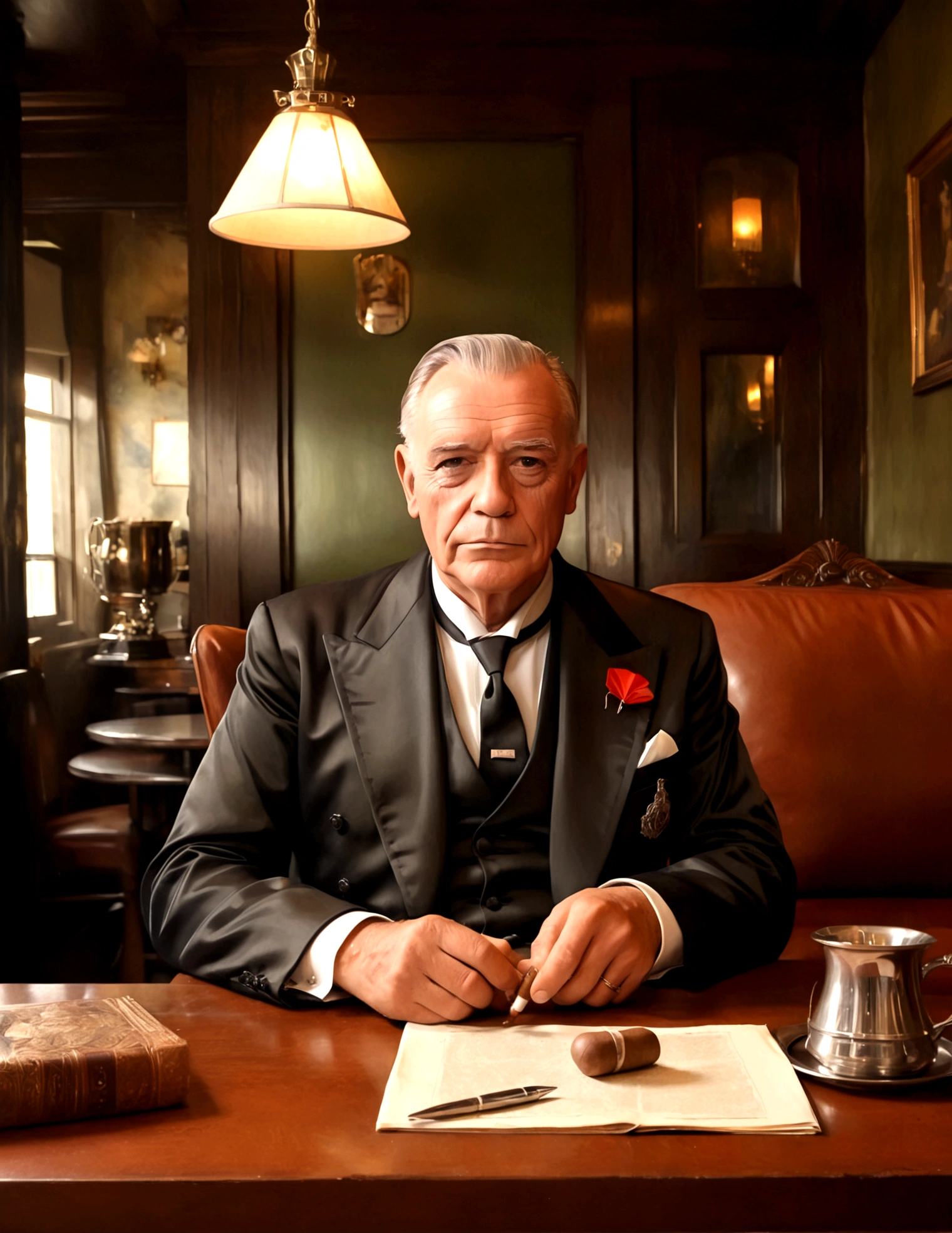 A wizened old British gentleman (cartoon character Colonel Braghard, dressed in a smoking suit), detailed portrait, sitting at a table in a smokers lounge, 1920s dressed upscale waitress, sophisticated interior, ( best quality, 4k, 8k, highres, masterpiece:1.2), ultra-detailed, (realistic, photorealistic, photo-realistic:1.37), oil painting, dramatic lighting, chiaroscuro, rich colors, cigar smoke, oak furniture, elegant decor
