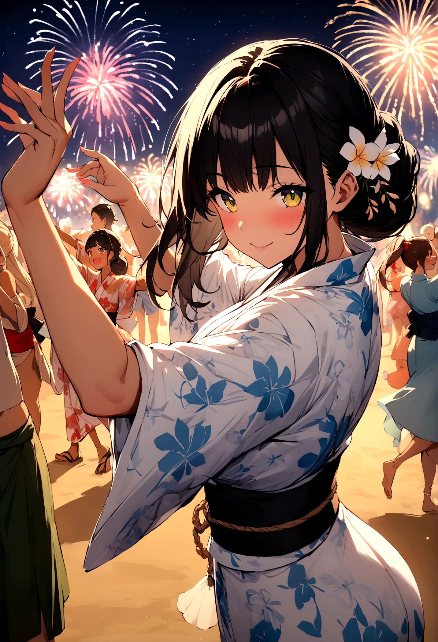 masterpiece, best quality, Summer Kimono,Tanned skin, Flowering, firework, firefly，reed bush, Smile, Dance, Night Sky, Black hair，Summer Festival，Beach