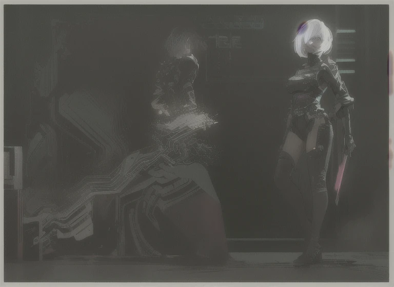 ((The best quality)), ((Masterpiece)), (Very detailed:1.3), ..............3D, beautiful (Cyberpunk:1.3) hacker woman, short hairstyle,short hair, Return to viewer, Thick hair, Operating computer terminal, head mounted display, computer server, LCD screen, fiber optic cable, Company logo, HDR (High Dymanic Range), ray tracing, NVIDIA RTX, super resolution, Unreal 5, Subsoil Scatter, PBR texture, Post-processing, Anisotropic filtering, depth of field, maximum sharpness and sharpness, Multilayer textures, Albedo y Highlight Maps, Surface shading, Accurate simulation of light-material interactions, perfect proportions, octane rendering, duotone lighting, Low ISO, white balance, rule of thirds, wide opening, 8K RAW, efficient sub-pixels, sub-pixel convolution, glow particles, dynamic  pose