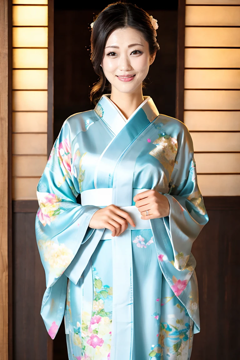 (Highest quality、Tabletop、8K、Best image quality、Award-winning works)、(One beautiful mature woman:1.1)、Adult face、(Innkeeper:1.1)、(Elegant floral kimono:1.2)、(A kimono with a perfect and precise collar:1.2)、Perfect mature woman portrait photo、Glowing Skin、Standing Elegantly、(Blurred elegant and exquisite perfect Japanese style room background:1.3)、(The most natural and perfect tidy Japanese style room background:1.2)、Glowing White Skin、Very white skin、(Accentuate your body lines:1.1)、(The most graceful posture:1.2)、(Large Breasts:1.2)、A perfect smile、Perfect beautiful glossy lips、(Accurate anatomy:1.2)、(A perfect and elegant kimono:1.1)、(Standing with good posture:1.1)、(Beautiful, high-quality, large kimono obi:1.1)