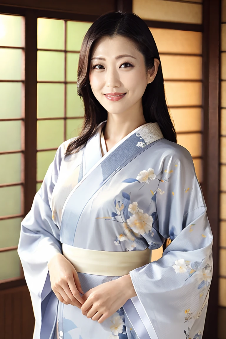 (Highest quality、Tabletop、8K、Best image quality、Award-winning works)、(One beautiful mature woman:1.1)、Adult face、(Innkeeper:1.1)、(Elegant floral kimono:1.2)、(A kimono with a perfect and precise collar:1.2)、Perfect mature woman portrait photo、Glowing Skin、Standing Elegantly、(Blurred elegant and exquisite perfect Japanese style room background:1.3)、(The most natural and perfect tidy Japanese style room background:1.2)、Glowing White Skin、Very white skin、(Accentuate your body lines:1.1)、(The most graceful posture:1.2)、(Large Breasts:1.2)、A perfect smile、Perfect beautiful glossy lips、(Accurate ???????:1.2)、(A perfect and elegant kimono:1.1)、(Standing with good posture:1.1)、(Beautiful, high-quality, large kimono obi:1.1)
