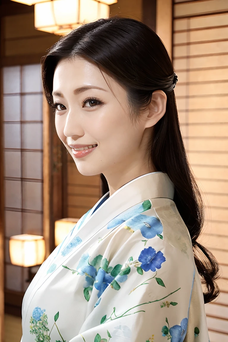 (Highest quality、Tabletop、8K、Best image quality、Award-winning works)、(One beautiful mature woman:1.1)、Adult face、(Innkeeper:1.1)、(Elegant floral kimono:1.2)、(A kimono with a perfect and precise collar:1.2)、Perfect mature woman portrait photo、Glowing Skin、Standing Elegantly、(Blurred elegant and exquisite perfect Japanese style room background:1.3)、(The most natural and perfect tidy Japanese style room background:1.2)、Glowing White Skin、Very white skin、(Accentuate your body lines:1.1)、(The most graceful posture:1.2)、(Large Breasts:1.2)、A perfect smile、Perfect beautiful glossy lips、(Accurate anatomy:1.2)、(A perfect and elegant kimono:1.1)、(Standing with good posture:1.1)、(Beautiful, high-quality, large kimono obi:1.1)