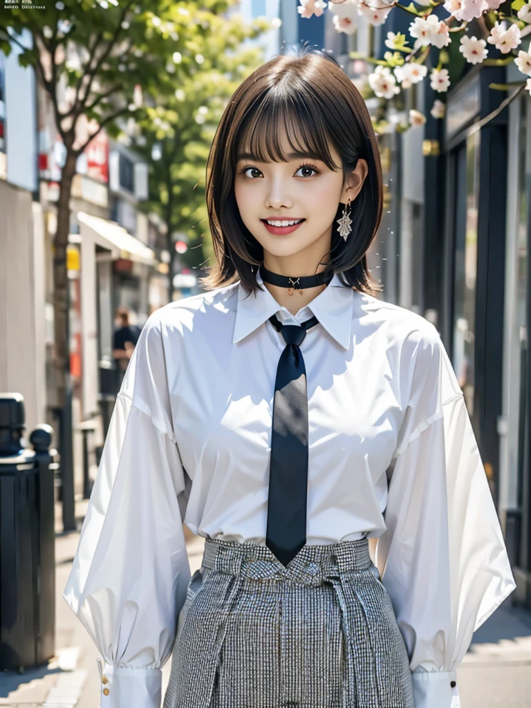 masterpiece, Highest quality, whole body, One girl, bangs, black choker, black tie, Black Hair, blue skirt, blush, bracelet, chest, choker, clothes The surrounding area waist, clavicle, collared shirt, Cowboy Shot, dress shirt, ear Earrings, Eyebrows visible through hair, Gradient Hair, Grin, Improve, jewelry, Kogal, Long Hair, View your viewers, loose tie, tie, Earrings, Plaid, Plaid skirt, pleated skirt, Red eyes, ring, , shirt, skirt, smile, alone, white shirt, street, null, cherry blossoms, petal,figure, (magazine:1.3), (cover-style:1.3), fashionable, woman, Vibrant, Costume, Pause, front, colorful, dynamic, background, element, have confidence, Performance, Holding, statement, accessories, Majestic, Coiled, The surrounding area, touch, scene, article, cover, bold, to attract attention, title, stylish, font, Catchy, Heading, big, impressive, Modern, trend, concentrated, fashion,