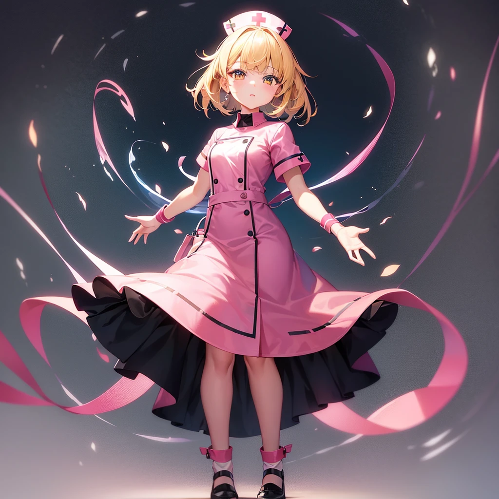 ((nurse)),Pink clothes,Cute little ,Tiny ,Small girl,,Childish face, Very fine clean face,Top quality,Straight Hair,Yellow hair,(Dark Room), Subtle light, Natural light,Soft lighting,Light from directly behind,(Open your hands), (Are standing),Front view,Black background
