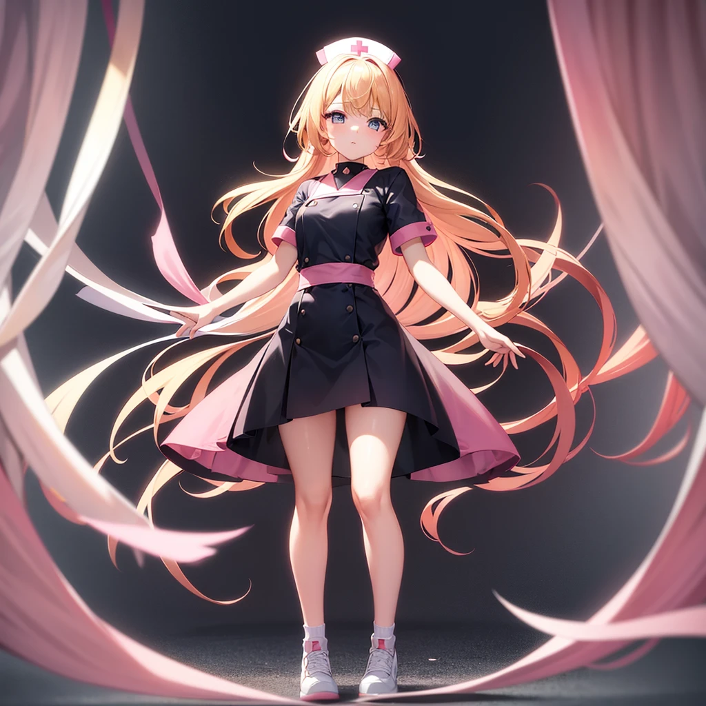 ((nurse)),Pink clothes,Cute little ,Tiny ,Small girl,,Childish face, Very fine clean face,Top quality,Straight Hair,Yellow hair,(Dark Room), Subtle light, Natural light,Soft lighting,Light from directly behind,(Open your hands), (Are standing),Front view,Black background