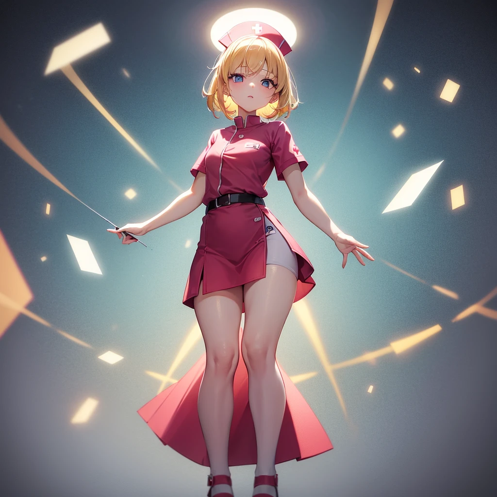 ((nurse)),Pink clothes,Cute little ,Tiny ,Small girl,,Childish face, Very fine clean face,Top quality,Straight Hair,Yellow hair,(Dark Room), Subtle light, Natural light,Soft lighting,Light from directly behind,(Open your hands), (Are standing),Front view,Black background