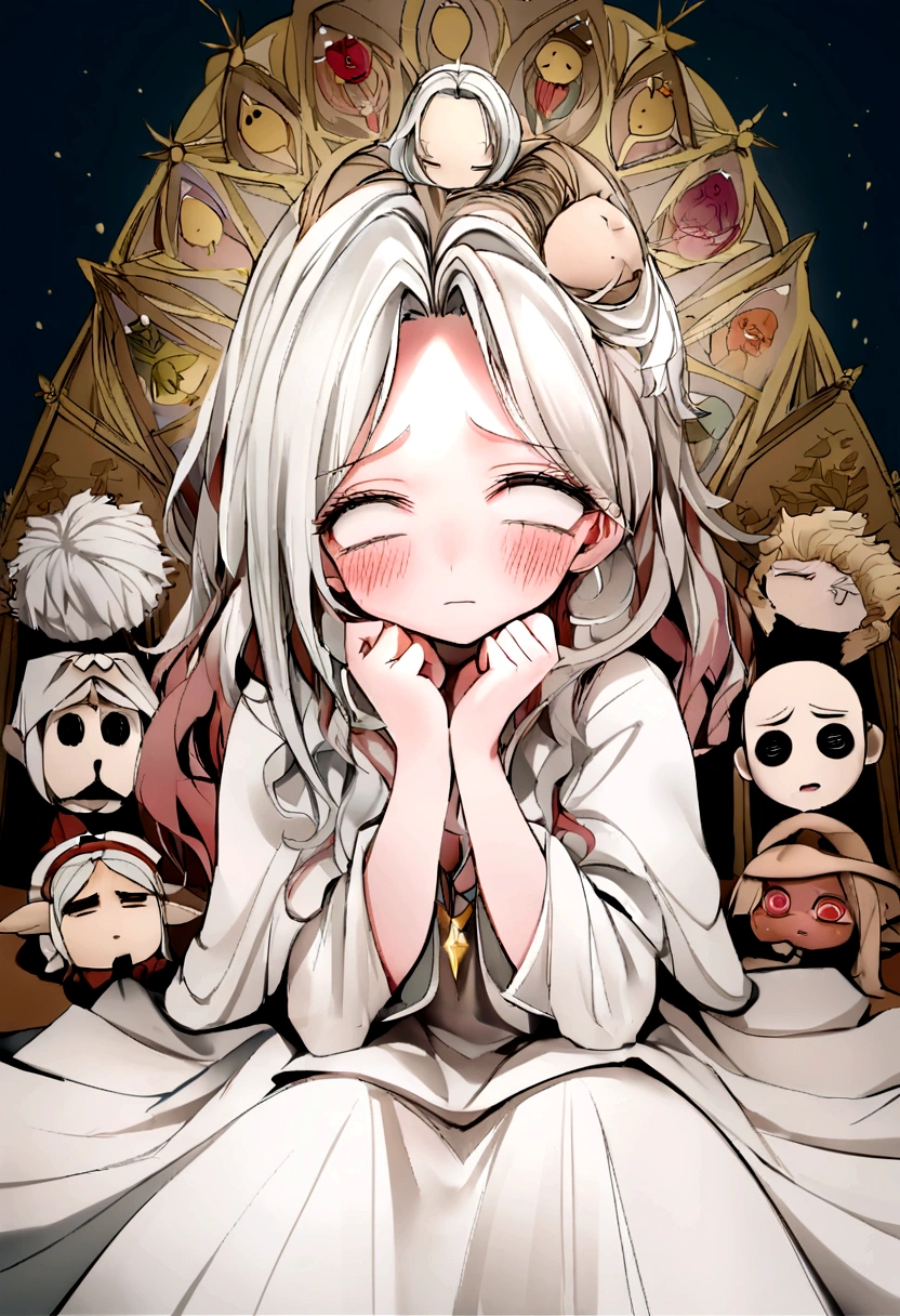 Girl sitting on the floor covering her face with her hands, cabelos loiros, garota chorando, medo ansiedade terror, depressed sad expression, Lutando, Shy expression, retrato da  deprimida, stressed expression, with a hurt expression, dor emocional, Frustrado, (behind her is Jesus Christ touching her head) background de ceus divino com luzes de sol