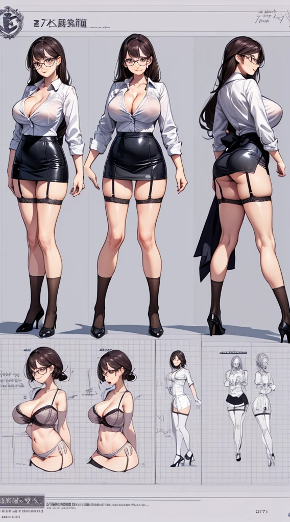 girl, alone, whole body, From head to toe, Are standing, (Huge Saggy Tits:1.3),
Character design sheet, Character Reference Sheet, 設計図のSchematic, Drafting, Blueprint, Schematic,
((Character design sheet:1.7, Character Reference Sheet:1.7,)),
anime/cartoon character wearing a girls , 1girl, alone, ,Mature Woman,Cleavage,Long sleeve,Collared shirt,White shirt,,(Tight Skirt),((garter belt)),(High heels),Skirt Suit,mini skirt,office lady,Long Hair, bow, , (Very short skirt:1.4), (lingerie:1.5),secretary,Thin glasses, (In underwear:1.5),nsfw